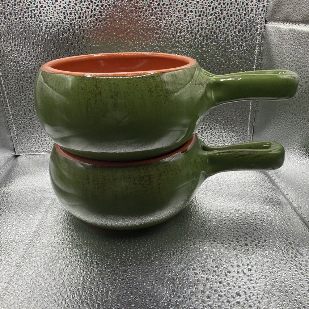 2 Italian De Silva Terracotta Ceramic Green Soup Casserole Bowls Serving Dishes